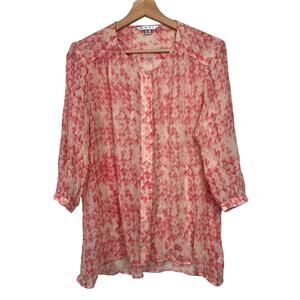 CAbi Women's Medium Emerson Crinkle 100% Silk Button Front Sheer‎ 3/4 Sleeve Top